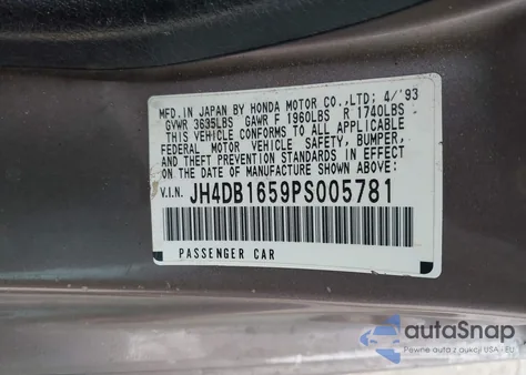 1993 Acura Integra Ls z USA, uszkodzony, nr VIN JH4DB1659PS005781